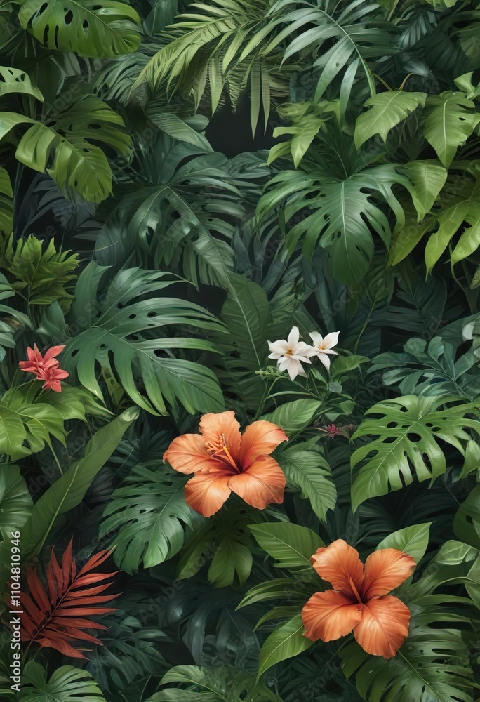 Exotic jungle theme in a seamless pattern with tropical leaves and flowers, modern, abstract, jungle Exotic jungle theme in a seamless pattern with tropical leaves and flowers, modern, abstract, jungle