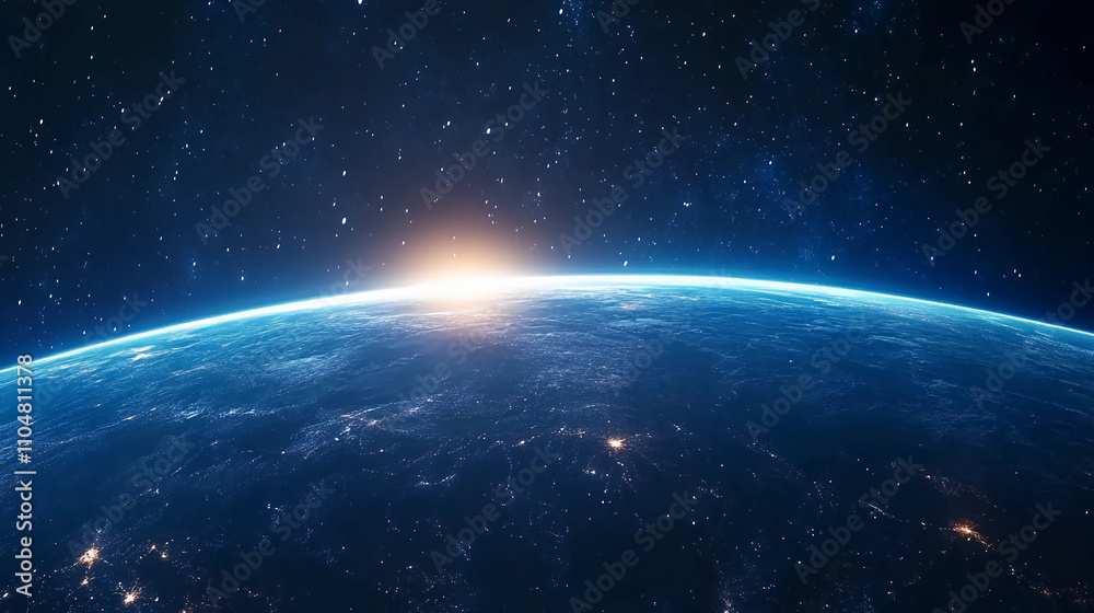 Obraz premium A stunning view of Earth from space, showcasing a glowing sunrise on the horizon against a backdrop of stars.