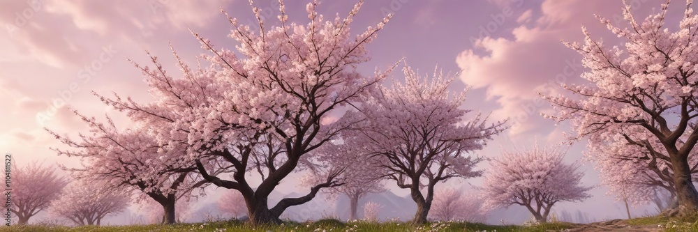 Scenic view of white cherry blossom trees in full bloom against a pink sky, seasonal flora, picturesque, panoramic, beauty in nature