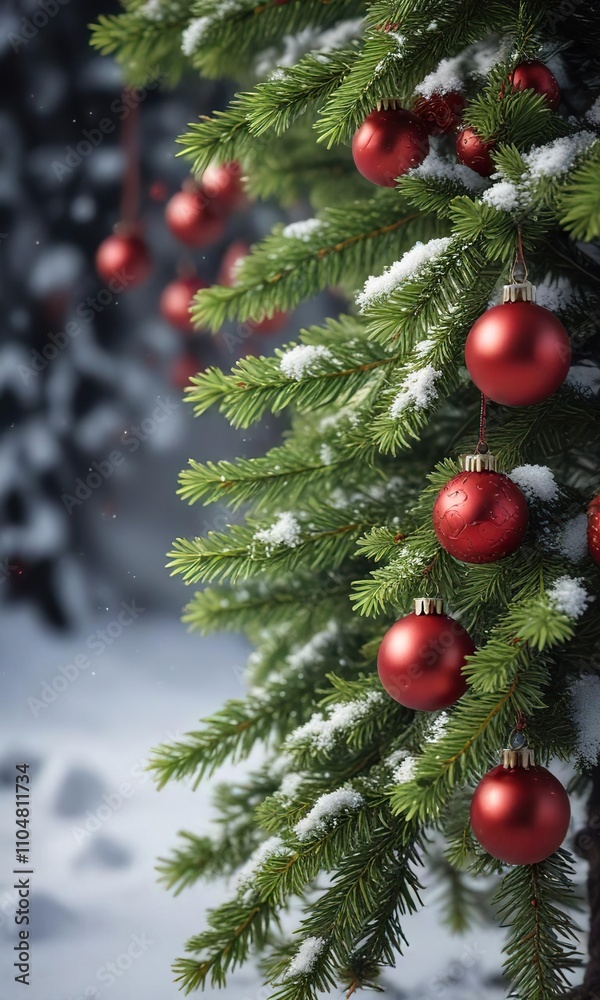 Snowy background with green fir tree branch and red decorations, cold, winter, snow, season, ornaments Snowy background with green fir tree branch and red decorations, cold, winter, snow, season, ornaments