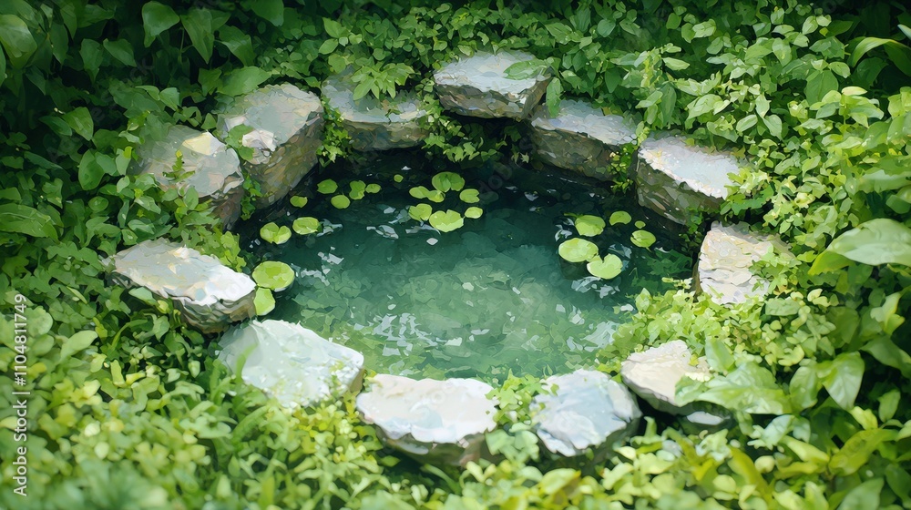 Serene Secret Garden Pond Tranquil Water Lush Greenery Stone Path Serene Secret Garden Pond Tranquil Water Lush Greenery Stone Path
