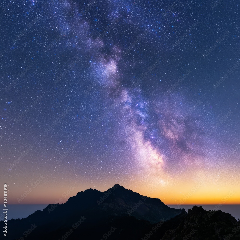 Naklejka premium Milky Way galaxy over a mountain range at sunset.