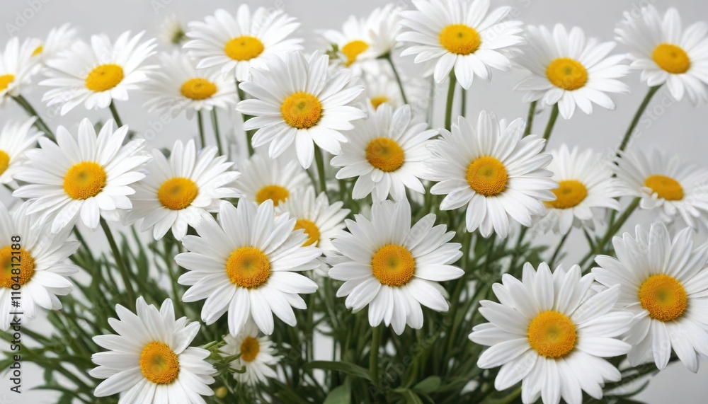 White daisies with yellow centers in a row on a clean white background, alignment, tidy, backdrop, series, symmetrical White daisies with yellow centers in a row on a clean white background, alignment, tidy, backdrop, series, symmetrical