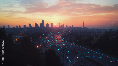Smart digital city with connection cyber security network reciprocity over the twilight cityscape.future wireless digital city and social media networking systems that connects people within the city