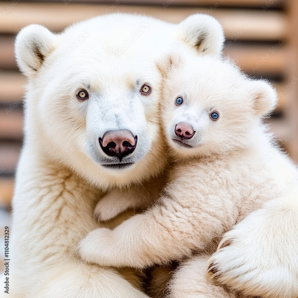 Fototapeta premium Mother polar bear cuddling her cute cub.