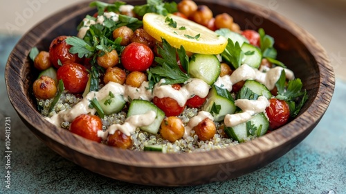 Vibrant Quinoa Salad with Roasted Chickpeas and Lemon-Tahini Dressing in Wooden Bowl | Healthy Plant-Based Food Photography