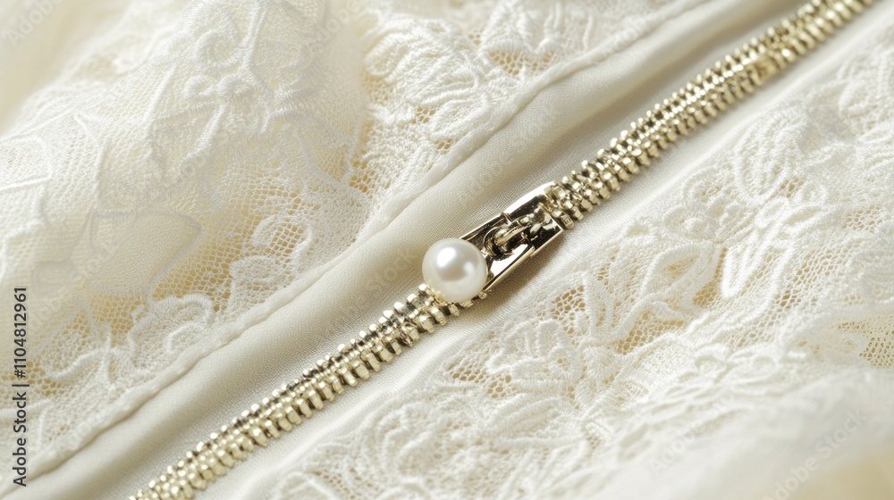 Close-up of a delicate zipper with a pearl accent on a lace fabric. Close-up of a delicate zipper with a pearl accent on a lace fabric.