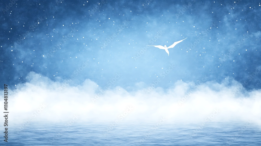 A White Bird Soaring Through a Starry Sky Above a Misty Ocean A White Bird Soaring Through a Starry Sky Above a Misty Ocean