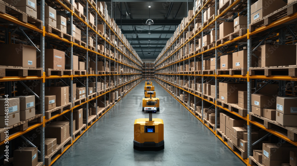 Robots navigate warehouse with organized shelves efficiently Robots navigate warehouse with organized shelves efficiently