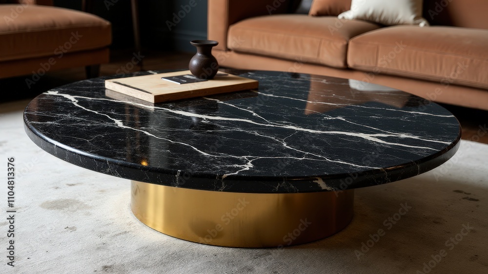 Obraz premium A modern living room with a round black marble coffee table centerpiece