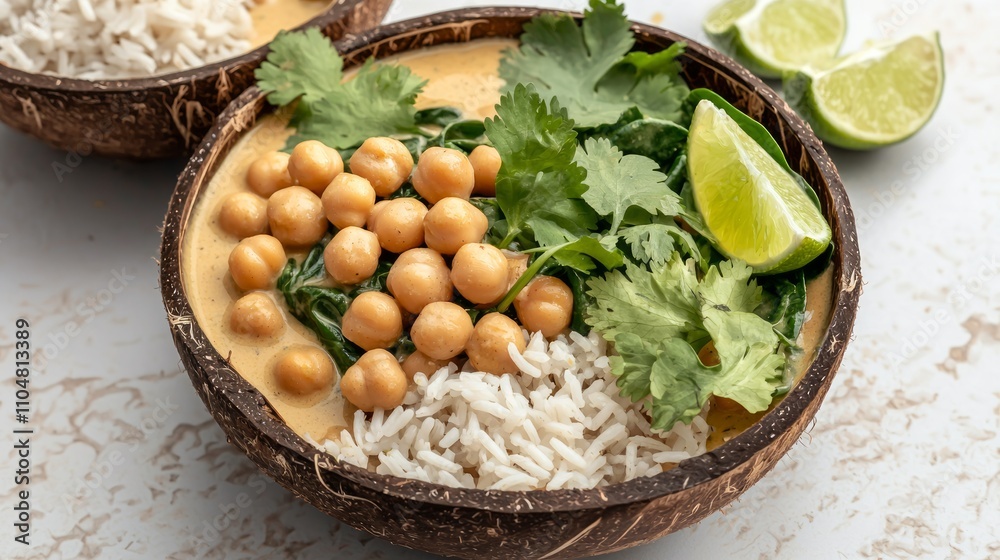 Exquisite Vegan Curry with Chickpeas and Spinach in Coconut Bowl - Plant-Based Cuisine Photography