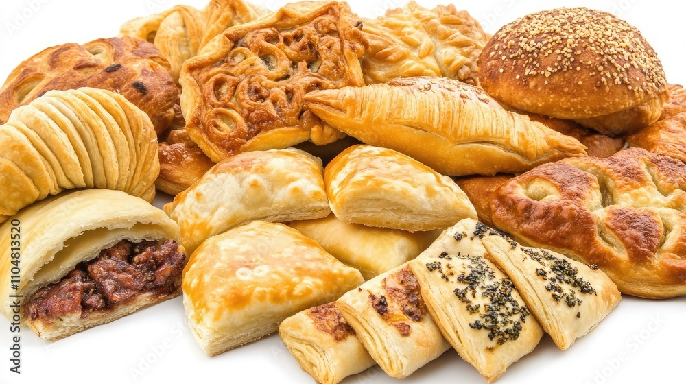 A variety of baked pastries showcasing different shapes and fillings. A variety of baked pastries showcasing different shapes and fillings.