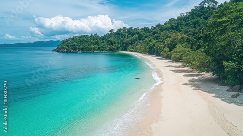 Tropical beach with turquoise water and white sand surrounded by lush greenery.