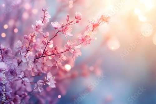 A branch of pink cherry blossoms in full bloom, bathed in soft sunlight.