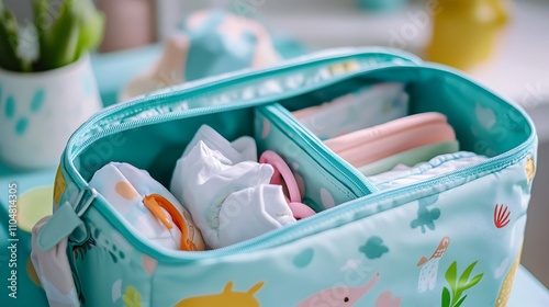 A fabric diaper bag with multiple compartments, neatly organized with baby essentials like wipes and diapers