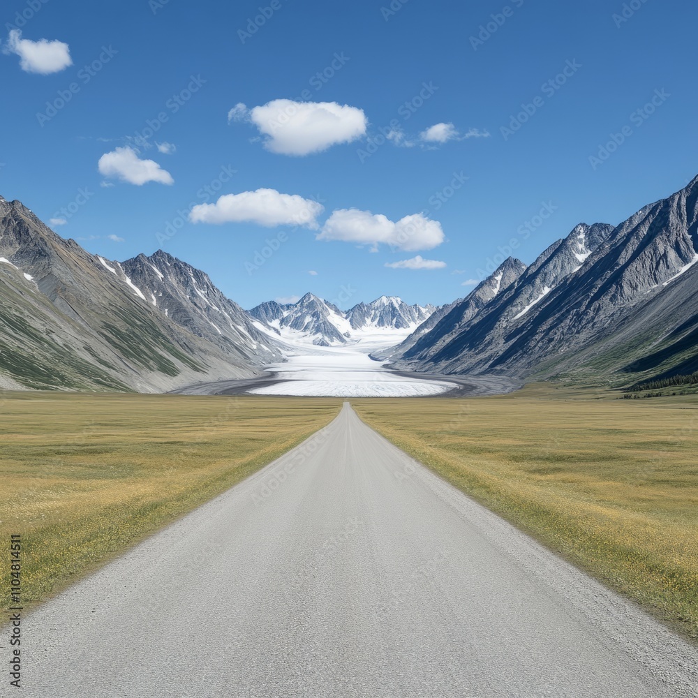 Naklejka premium Scenic road leads to glacier nestled in majestic mountains under a vibrant blue sky.