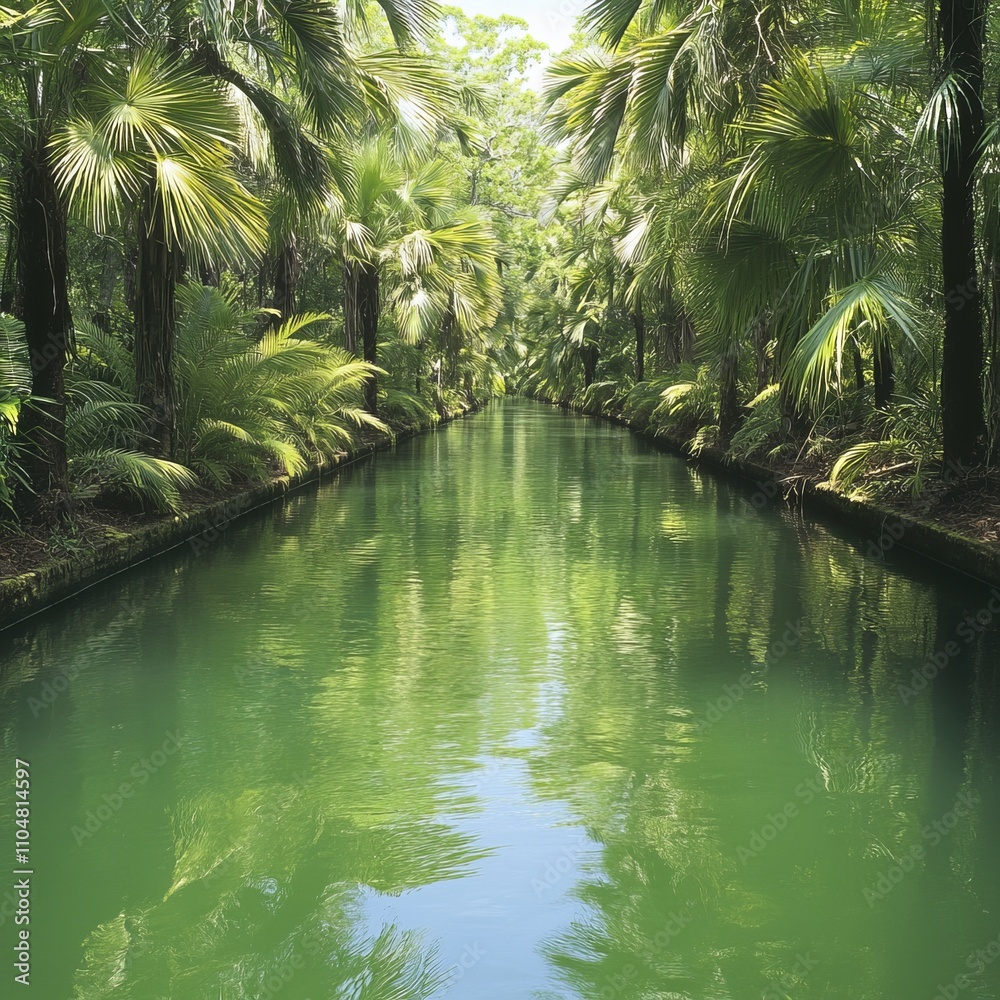 Serene canal flowing through lush tropical palm trees. Serene canal flowing through lush tropical palm trees.
