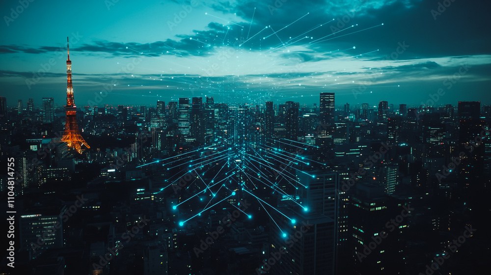 Obraz premium Smart digital city with connection cyber security network reciprocity over the twilight cityscape.future wireless digital city and social media networking systems that connects people within the city