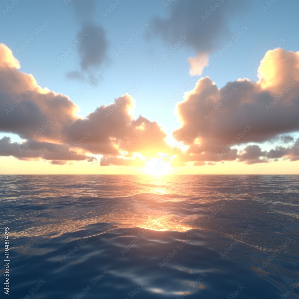 Fototapeta premium Serene sunset over calm ocean waters with soft clouds.