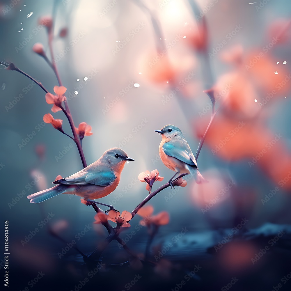 Obraz premium Two Blue Birds Perched on Blooming Branches