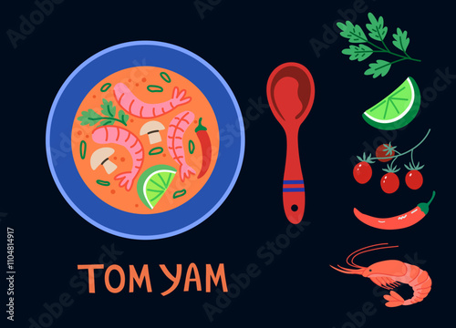 Tom yam soup, tom yum. Traditional Thai food, top view of meal and ingredients. Illustration in colorful trendy style.