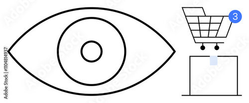 Eye icon beside a shopping cart with notification badge showing three unread alerts. Ideal for e-commerce, consumer behavior, activity tracking, digital marketing, user interface design, online
