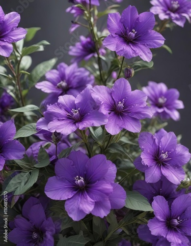 a cluster of vibrant purple flowers with delicate petals and leaves, floral arrangements, botanicals