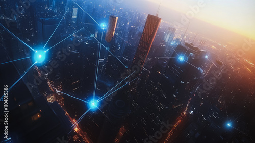 Smart digital city with connection cyber security network reciprocity over the twilight cityscape.future wireless digital city and social media networking systems that connects people within the city
