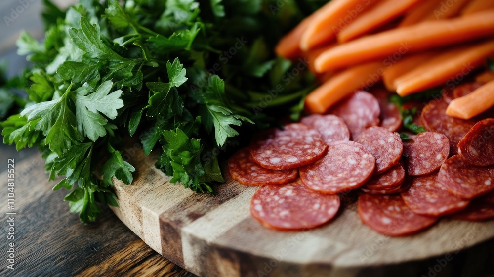 A wooden board featuring sliced salami, fresh parsley, and carrot sticks for a snack display. A wooden board featuring sliced salami, fresh parsley, and carrot sticks for a snack display.