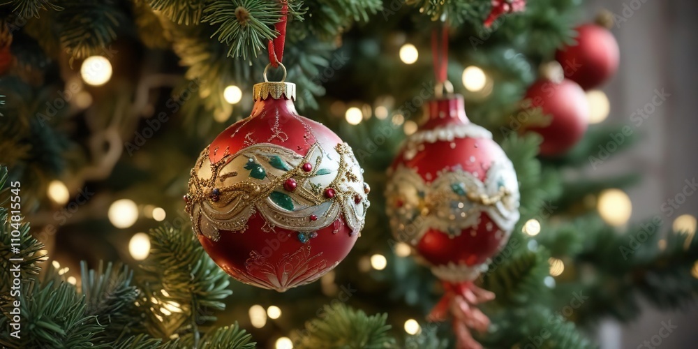 Close-up of beautifully decorated Christmas tree ornament, bauble, festive Close-up of beautifully decorated Christmas tree ornament, bauble, festive