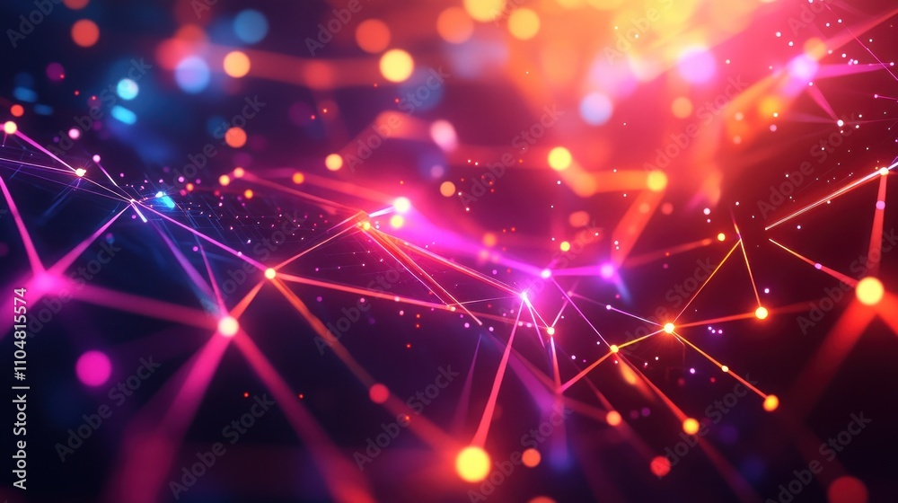 Abstract background with glowing lines, dots, and bokeh lights in red, pink, yellow, and blue colors.