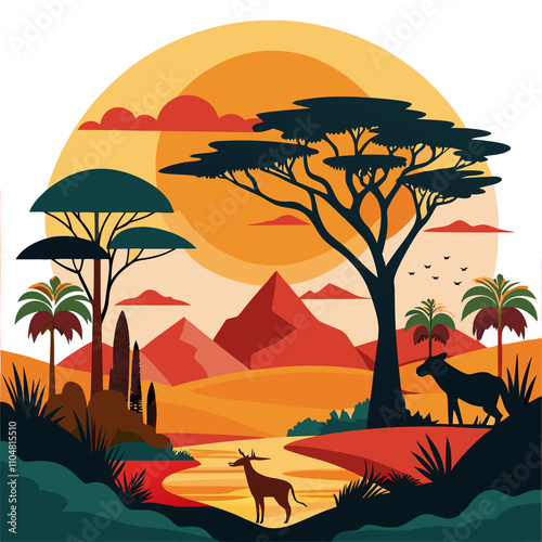 African safari landscape scene for nature t-shirt animals art vector illustration stock image generated Ai photo