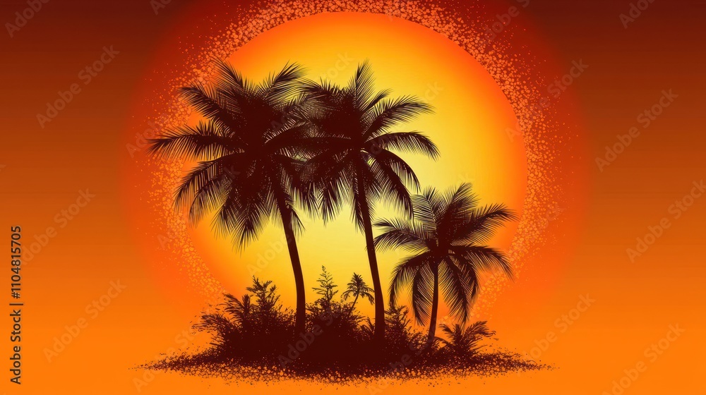 A vibrant sunset silhouette of palm trees against a glowing orange background. A vibrant sunset silhouette of palm trees against a glowing orange background.