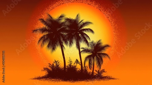 A vibrant sunset silhouette of palm trees against a glowing orange background.