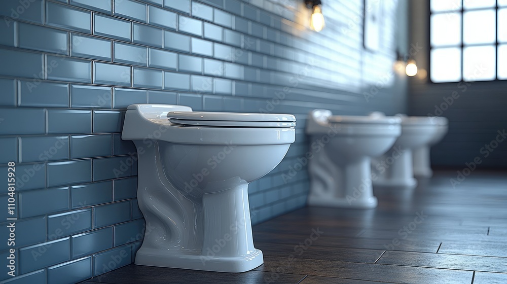 A row of white toilets against a blue tiled wall in a well-lit restroom. A row of white toilets against a blue tiled wall in a well-lit restroom.