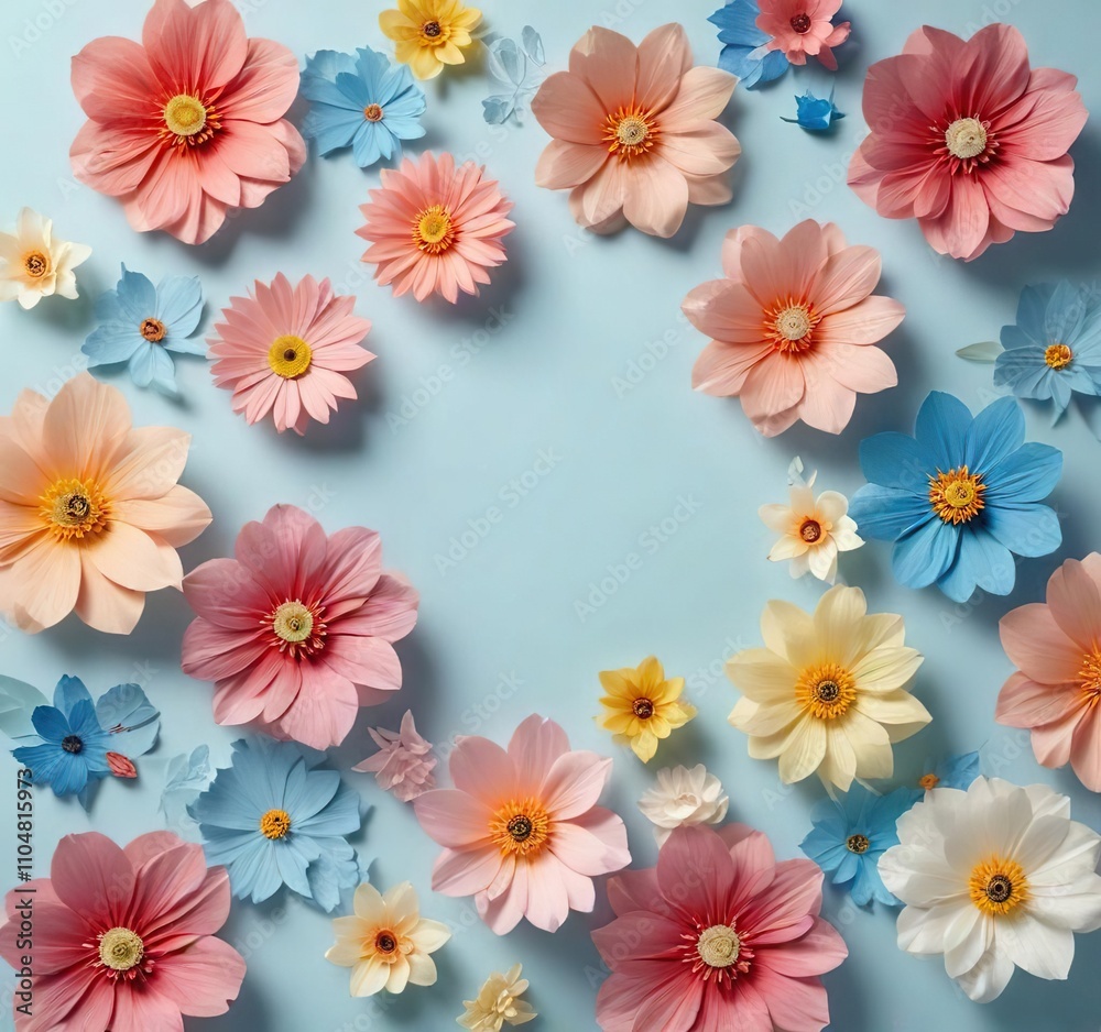 Delicate colourful handmade paper flowers arranged on a soft light blue background with ample negative space at the center, paper crafts., light blue background Delicate colourful handmade paper flowers arranged on a soft light blue background with ample negative space at the center, paper crafts., light blue background