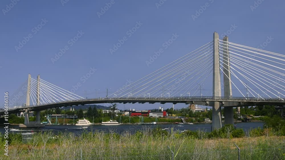 Panoramic view of Tilikum Crossing, Bridge of the People is a cable stayed bridge across the Willamette River in Portland, Oregon, Panoramic view of Tilikum Crossing, Bridge of the People is a cable stayed bridge across the Willamette River in Portland, Oregon,
