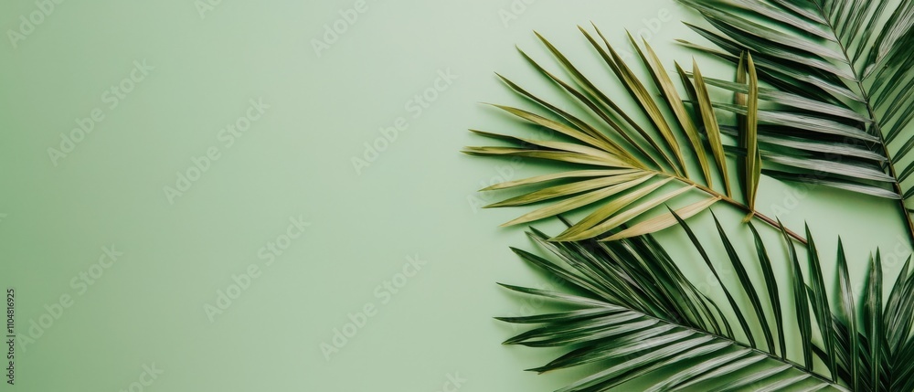 Obraz premium Lush green palm leaves arranged artistically on a pastel green background, creating a vibrant and tropical feel. Perfect for summer designs, branding, or social media.