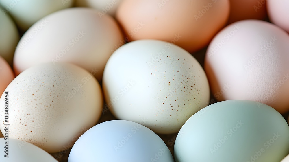 Pastel Paradise: A close-up shot of a delightful collection of farm-fresh eggs in various pastel shades, showcasing their natural beauty and subtle textures. Pastel Paradise: A close-up shot of a delightful collection of farm-fresh eggs in various pastel shades, showcasing their natural beauty and subtle textures.