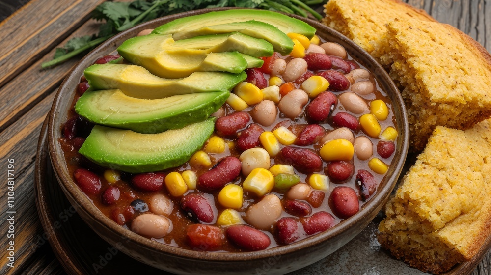 Homestyle Plant-Based Vegan Chili with Avocado and Cornbread on Wooden Table Homestyle Plant-Based Vegan Chili with Avocado and Cornbread on Wooden Table