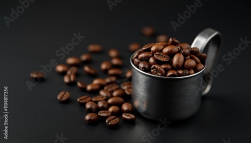 Coffee beans spilled from canister on black surface photo