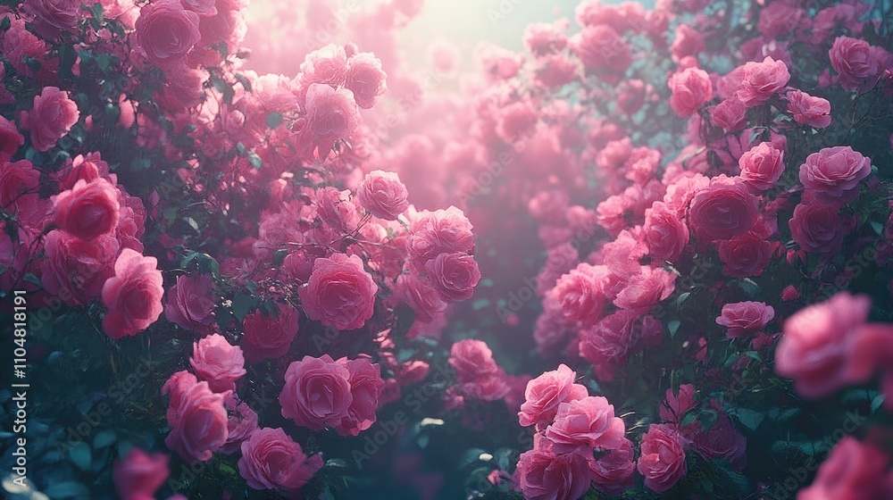 A vibrant field of blooming pink roses surrounded by soft light. A vibrant field of blooming pink roses surrounded by soft light.