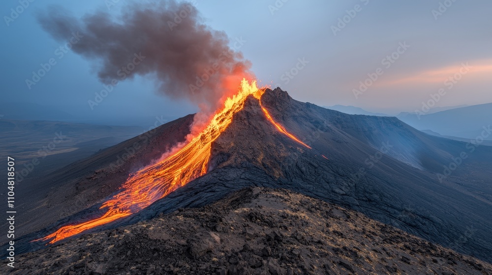 Fototapeta premium Dramatic Volcanic Eruption Lava Flow Ash Plume Night Sky Landscape