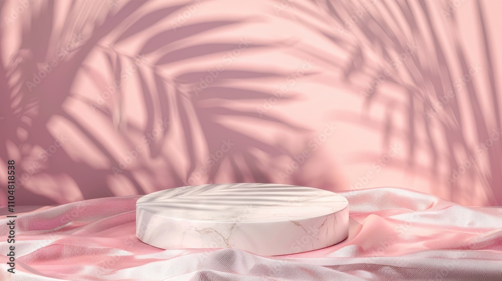 Pink background with white marble podium, silk fabric, tropical plant shadow. Ideal for cosmetic display. Innovative mockup for beauty products. Pink background with white marble podium, silk fabric, tropical plant shadow. Ideal for cosmetic display. Innovative mockup for beauty products.