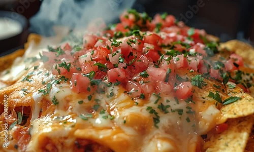 Delicious Beef Nachos with Melted Cheese and Toppings, Close-up View of a Savory Dish Served on a Plate