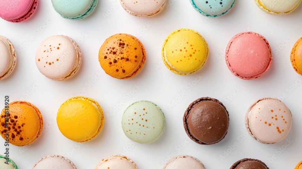 Fototapeta premium Top view of pastel macaroons on white background.