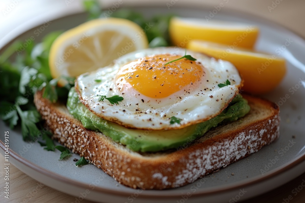 A plate with a slice of toast topped with avocado and a fried egg, garnished with lemon wedges and parsley. A plate with a slice of toast topped with avocado and a fried egg, garnished with lemon wedges and parsley.