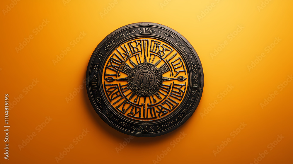 Top view of an ancient runic magic circle with orange background. Runic. Illustration