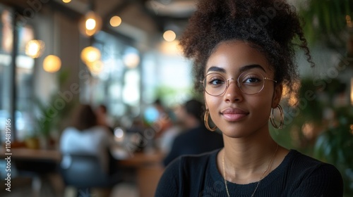 A young African American woman with curly hair and glasses smiles at the camera while sitting in a cafe.