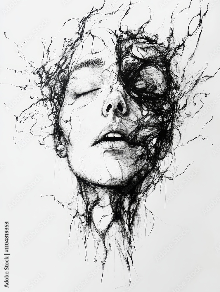Decomposing Beauty: A Pen and Ink Portrait - A surreal portrait of a woman dissolving into abstract lines, symbolizing vulnerability, transformation, inner turmoil, emotional release, and hidden stren Decomposing Beauty: A Pen and Ink Portrait - A surreal portrait of a woman dissolving into abstract lines, symbolizing vulnerability, transformation, inner turmoil, emotional release, and hidden stren